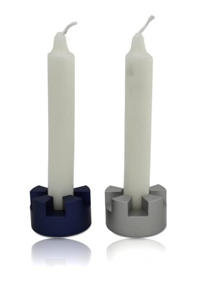 Mini traveling Jerusalem inspired candlesticks, anodized aluminum Judaica made in Israel by Nadav Art