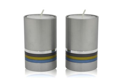 Petite grey cylindrical candlesticks with colorful rings, anodized aluminum Judaica & home decor made in Israel by Nadav Art