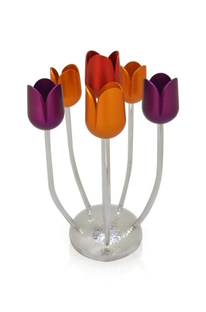 Colorful tulip candelabra, anodized aluminum Judaica & home decor made in Israel by Nadav Art