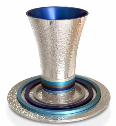 Nilly Hammered Blue Palette Kiddush Cup & Plate Set