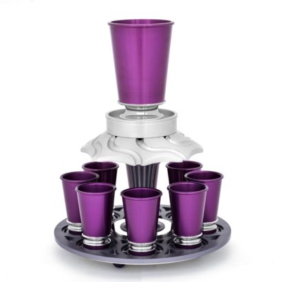 Colorful Kiddush wine fountain with 8 small cups, anodized aluminum Judaica made in Israel by Nadav Art