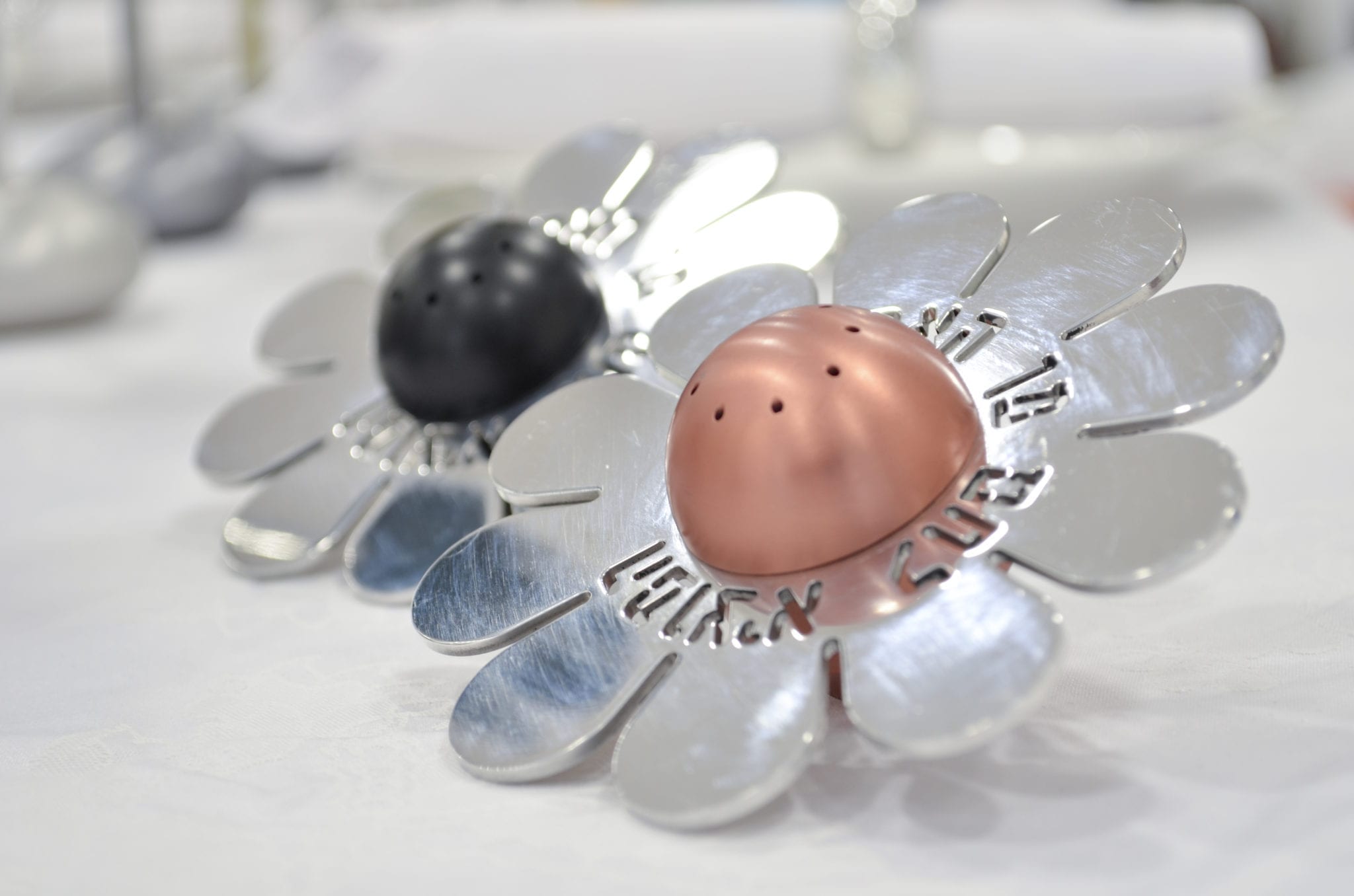 Shiny Salt & Pepper Shaker – Flower Shaped with Blessing