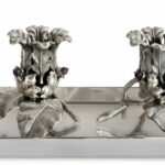 Sterling Silver Floral Candlesticks with Tray