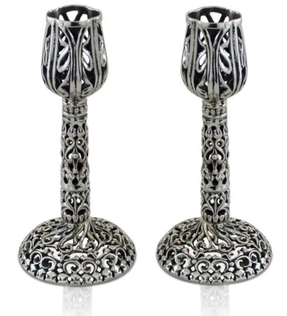 Hand-carved sterling silver candlesticks. Shabbat Judaica made in Israel