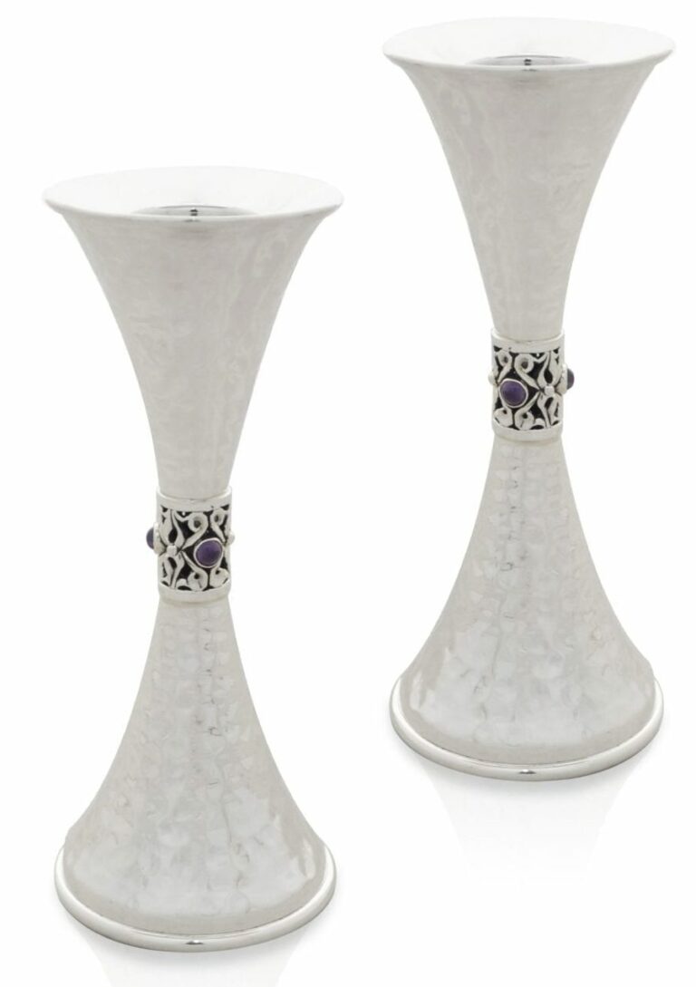 Sterling Silver Hammered Candlesticks with Purple Amethyst Stones