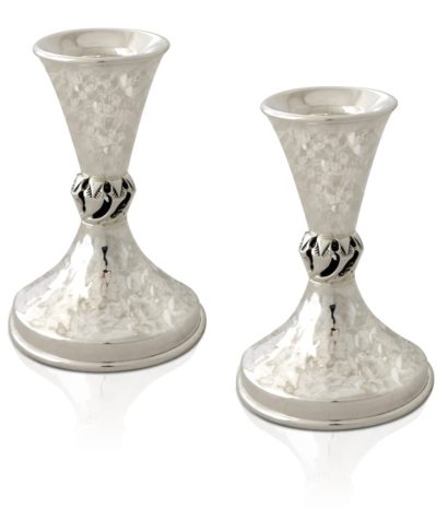 Hammered cone-shaped mini sterling silver candlesticks. Shabbat Judaica made in Israel