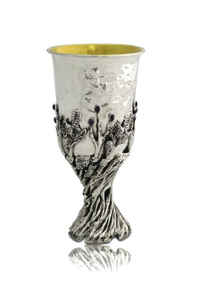 sterling silver kiddush cup, nature-inspired design, semi-precious amethyst stones, judaica made in israel