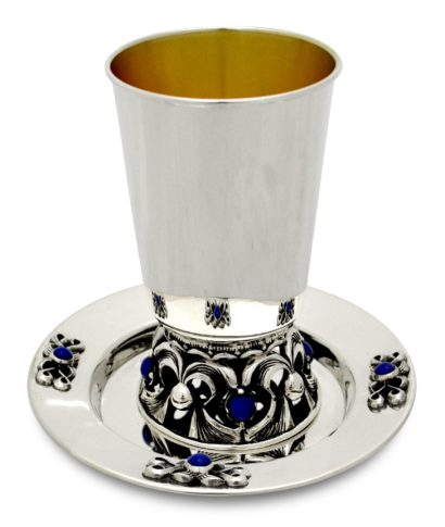 Sterling silver Lapis Kiddush cup and plate set