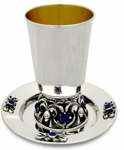 Sterling silver Lapis Kiddush cup and plate set