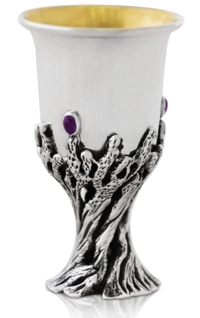 sterling silver liquor cup, nature-inspired design, semi-precious amethyst stones, judaica made in Israel