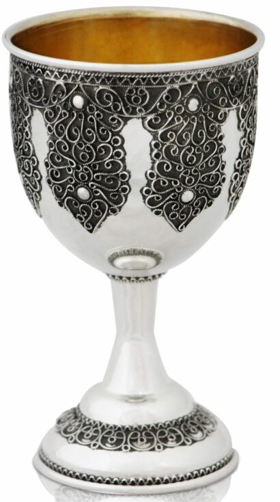 Yemenite Filigree Round Silver Kiddush Cup Set