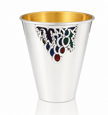Colorful Enameled Grapes Silver Kiddush Cup