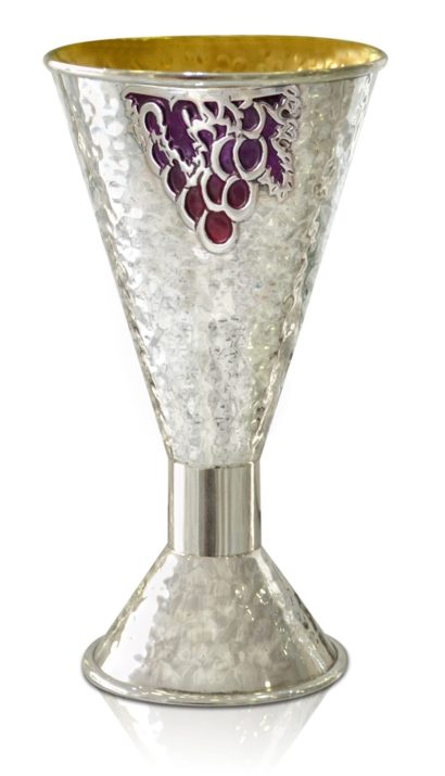 Hammered sterling silver wine goblet kiddush cup, colorful enamel grape decorations. judaica made in Israel
