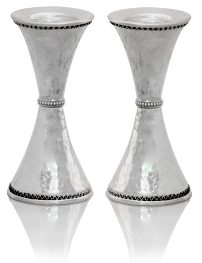 Elegant and modern hammered sterling silver candlesticks. Shabbat Judaica made in Israel