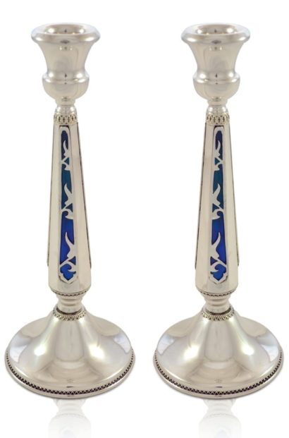 Modern sterling silver candlesticks with colorful, cold enamel and filigree. Shabbat Judaica made in Israel