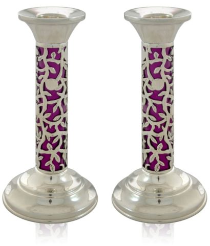 Petite, cut-out pattern sterling silver candlesticks with colorful aluminum. Shabbat Judaica made in Israel