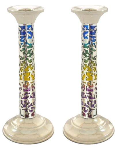 Modern cut-out sterling silver candlesticks with colorful cold enamel. Shabbat Judaica made in Israel