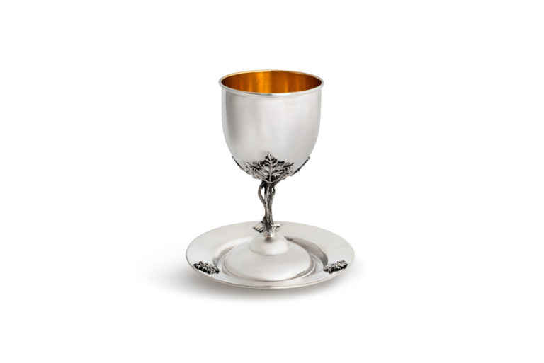 Silver Kiddush Cup and Plate With Leaf design