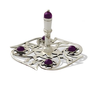 Sterling silver dreidel with delicate cut-out designs and semi-precious amethyst stones. Hannukah Judaica gifts made in Israel