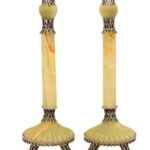 Large Sterling Silver & Onyx Stone Candlesticks