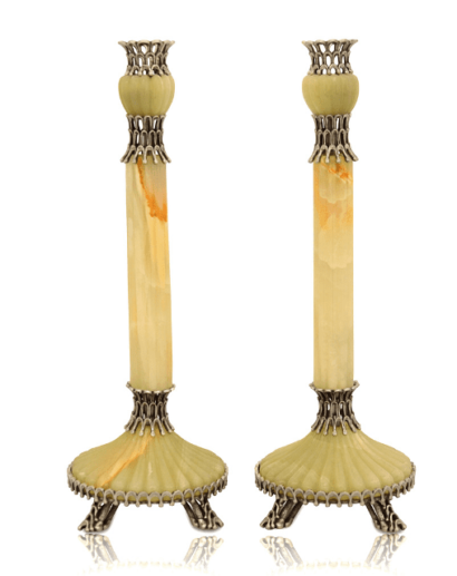 Large Sterling Silver & Onyx Stone Candlesticks
