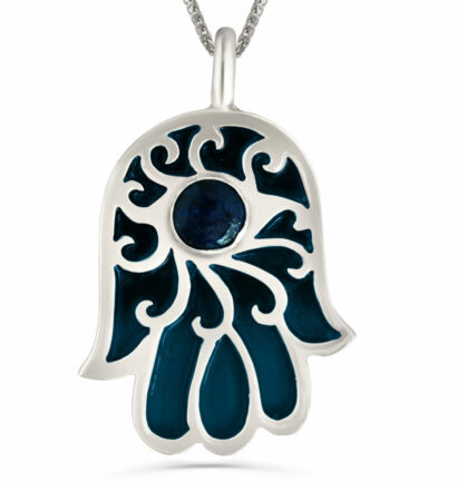 Sterling Silver Hamsa Pendant with Enamel and Lapis stone
