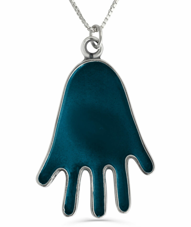 Silver Hamsa Necklace with blue Enamel
