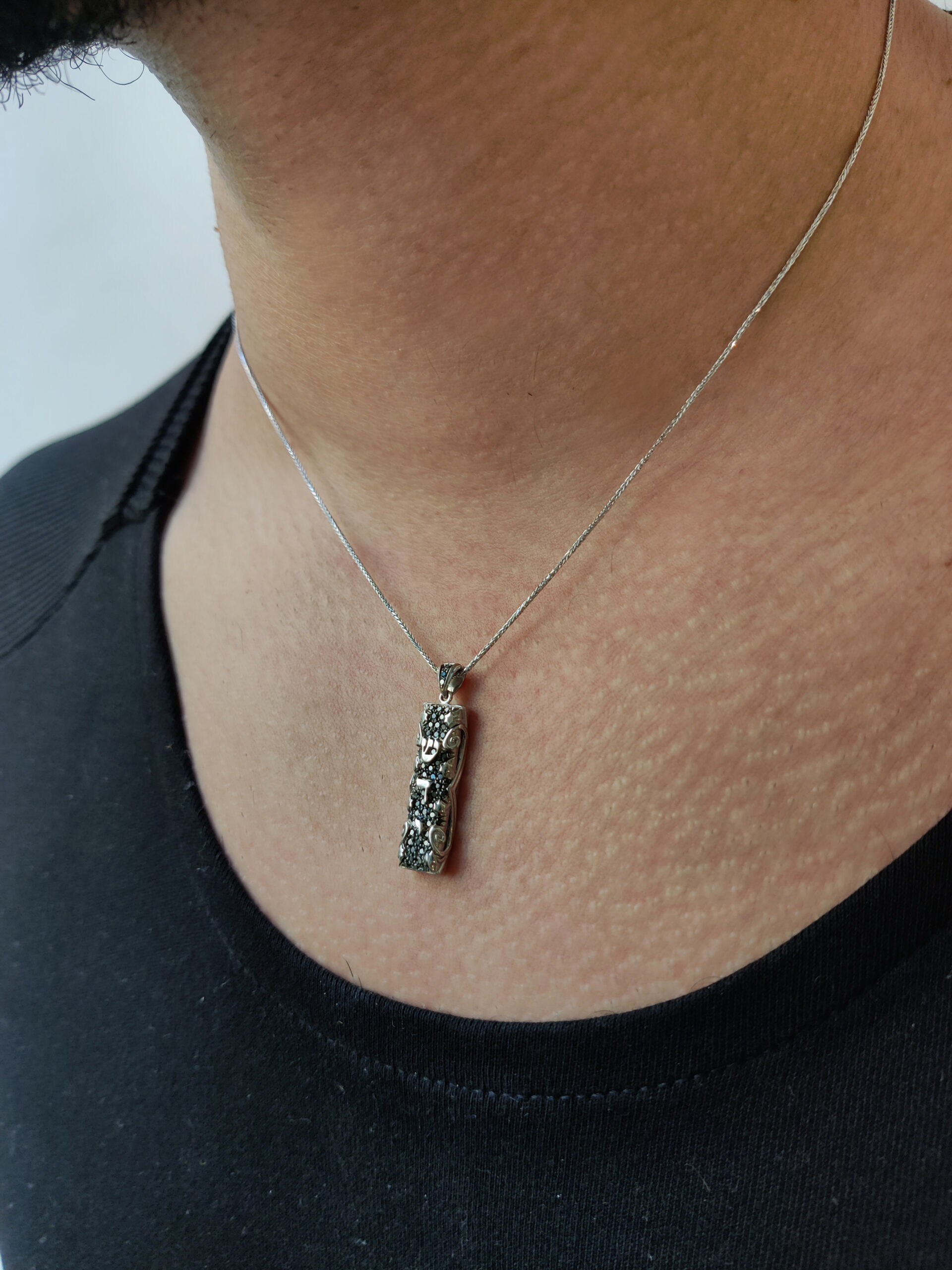 Breathtaking Black Mezuzah Scroll Pendant- Black Diamonds/Gold