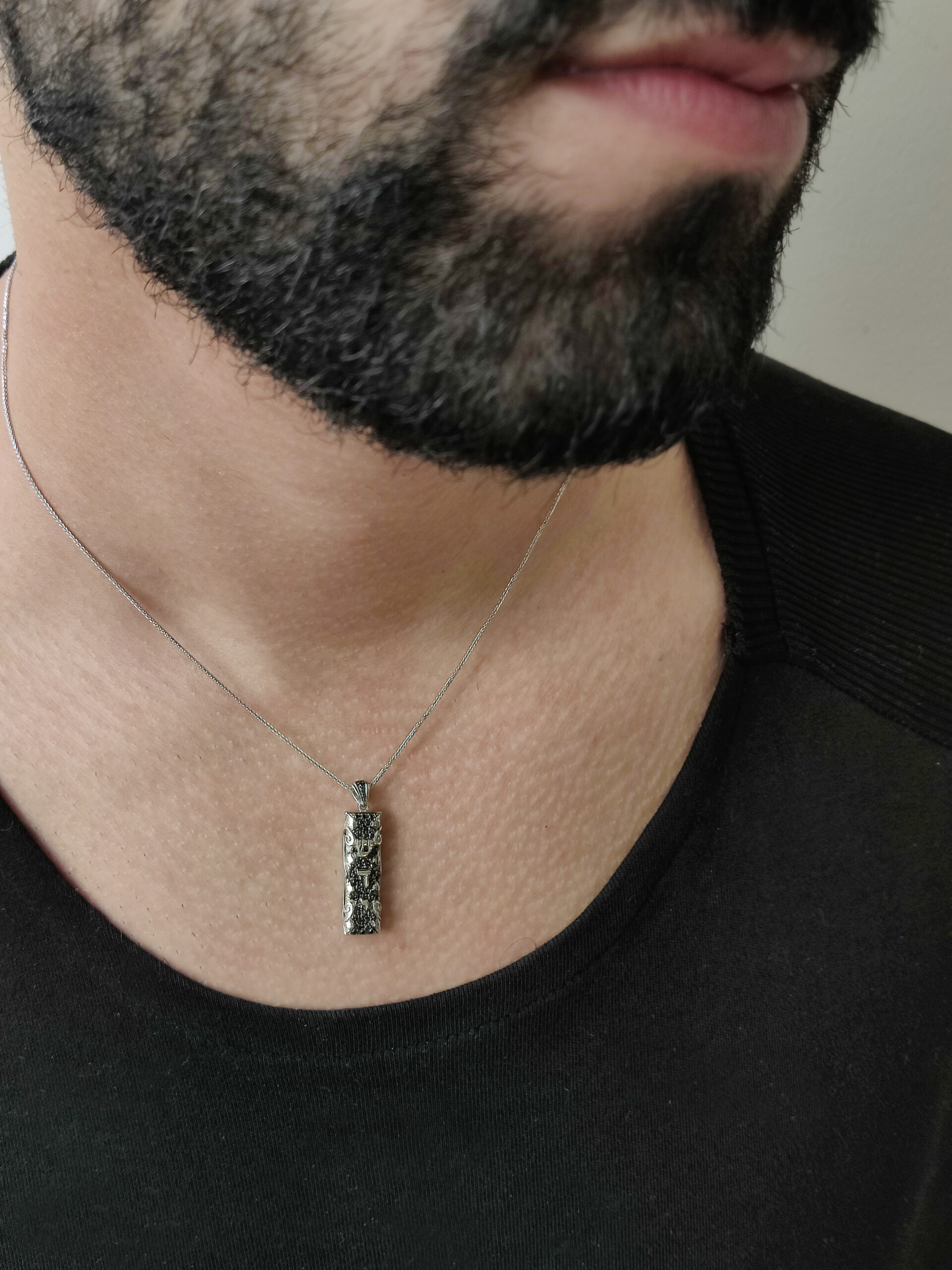 Breathtaking Black Mezuzah Scroll Pendant- Black Diamonds/Gold