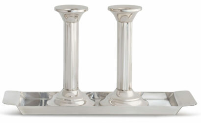 Extra Large Silver Pillar Candlesticks with Tray