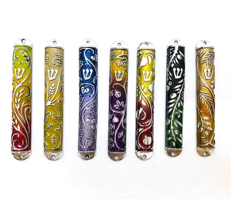 7 Mezuzah Cases Set Seven Species design made of Pewter iron