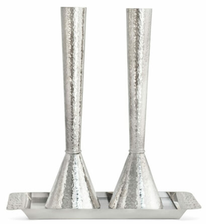 Silver Hammered Candles Holders With Tray