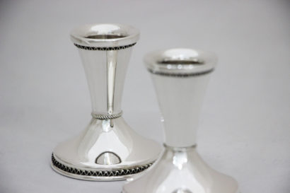 Compact Sterling Silver Candlesticks with Filigree Rim