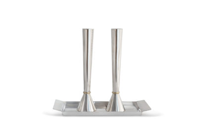 Minimalist Contemporary Silver Candlesticks with Brass Ring