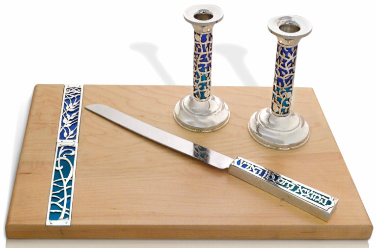 Shabbat Set 3 Piece Challah Board & Knife, Candlesticks