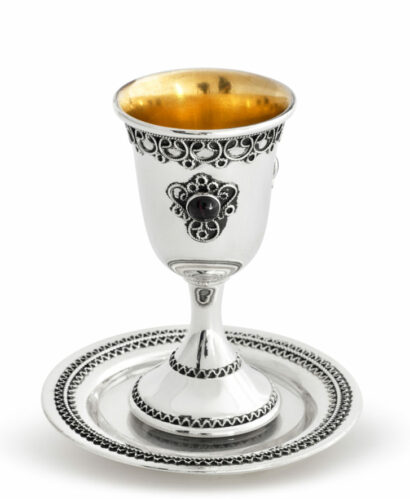 Floral Silver Small Kiddush Cup with Amethyst Stone