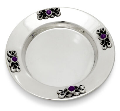 Silver Decorated Plate for Kiddush with Amethyst