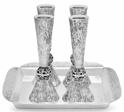 Silver Two Candlesticks Pairs Set with Wavy Hammering