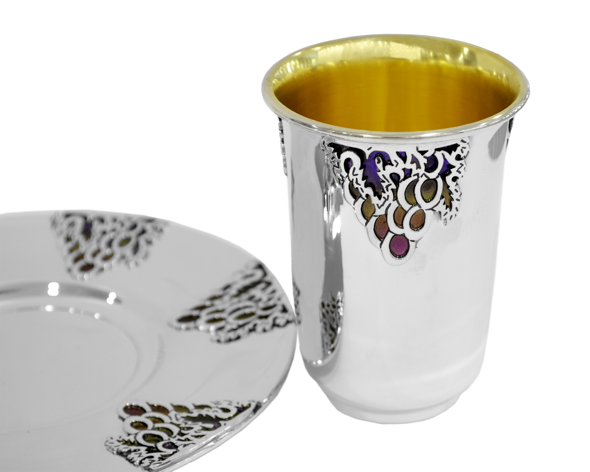 Silver Kiddush Cup Set with Grapes Decorations