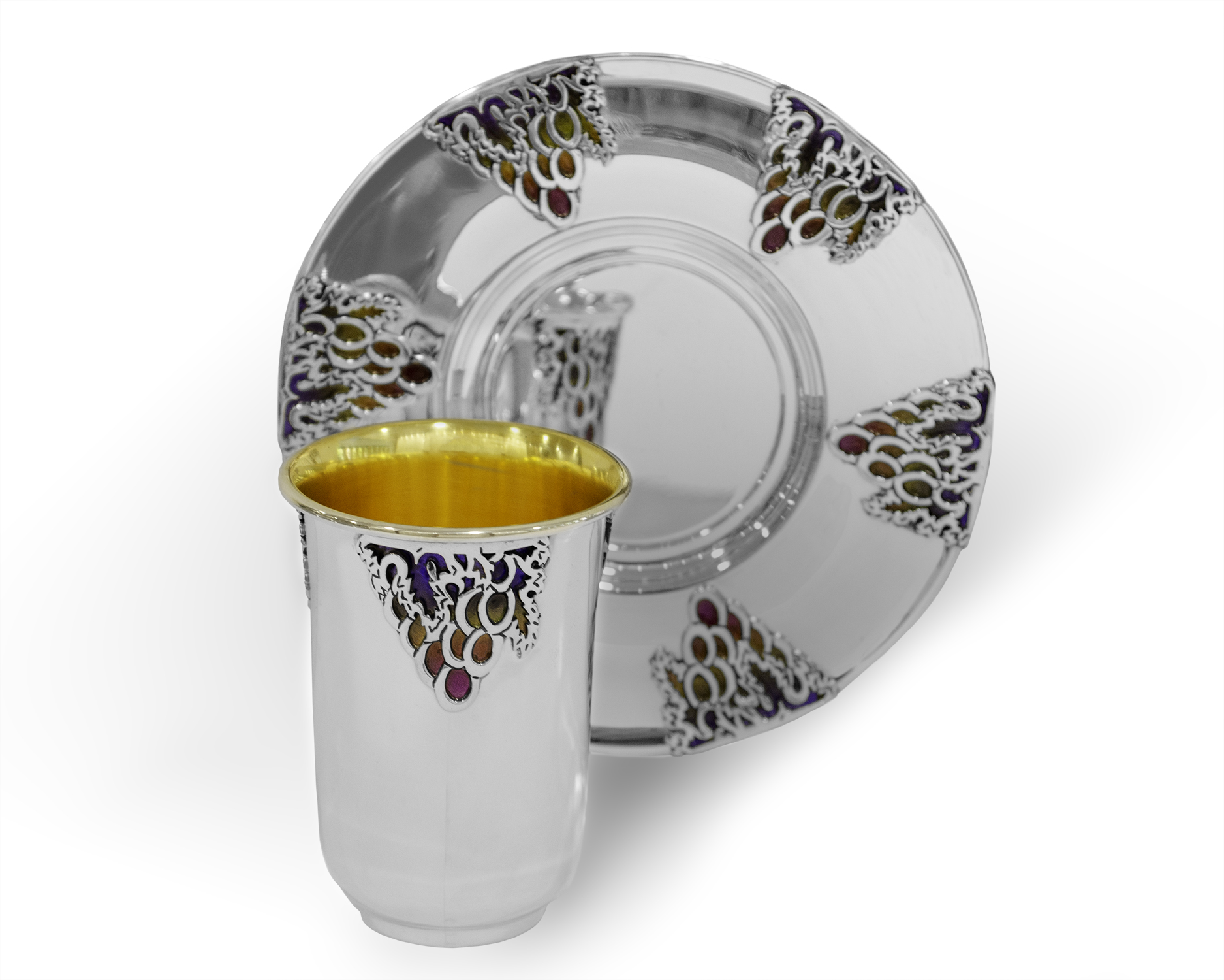 Silver Kiddush Cup Set with Grapes Decorations