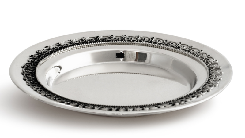 Elegant Silver Kiddush Plate with Filigree