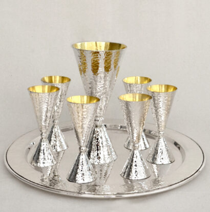 925 Sterling Silver Hammered Kiddush and Liquor Cups Set
