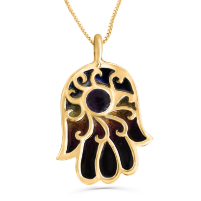 Gold Hamsa Necklace with Amethyst Stone and Enamel