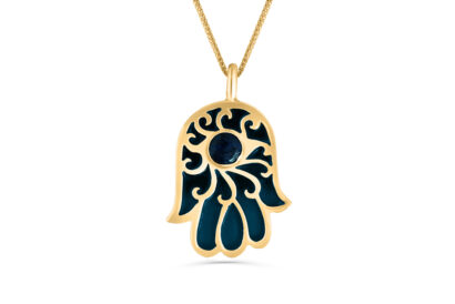 Gold Hamsa Pendant with Enamel and Lapis Stone