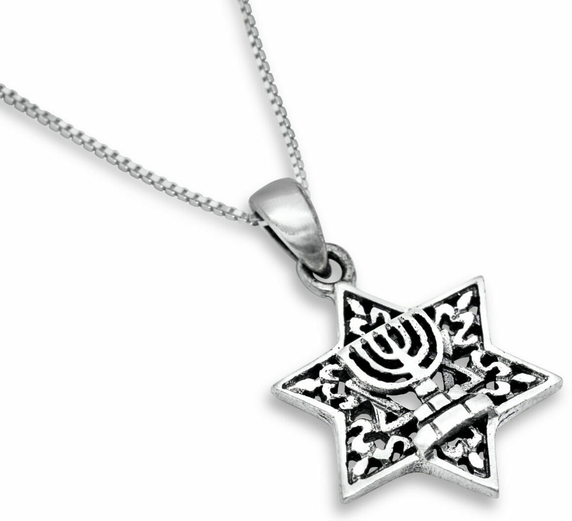 Star of David and Menorah Silver Pendant