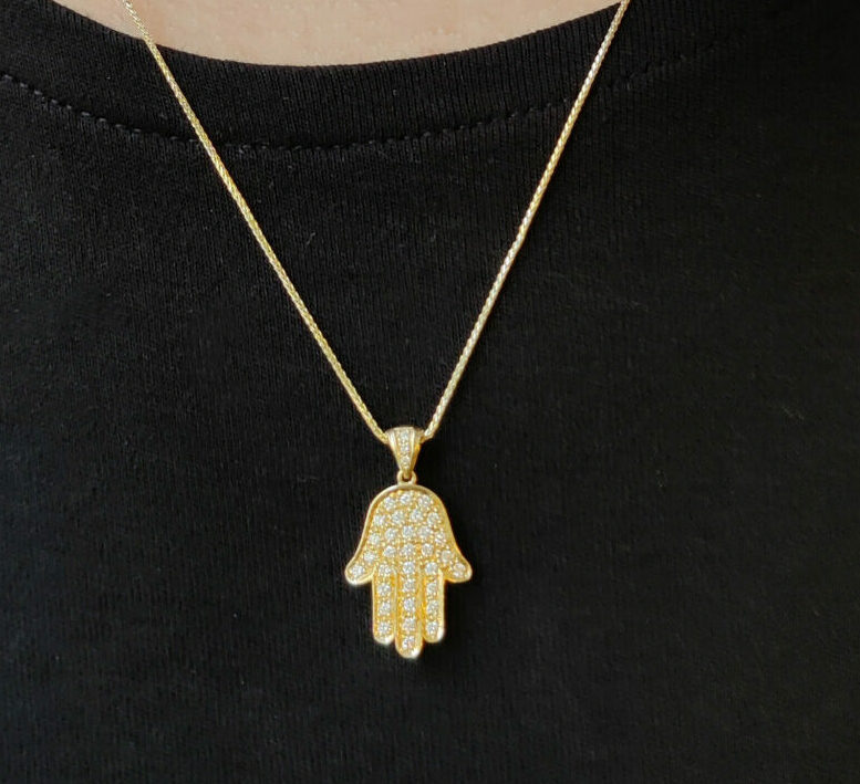 Traditional Small Hollow 14K Solid Gold Hamsa with Diamond