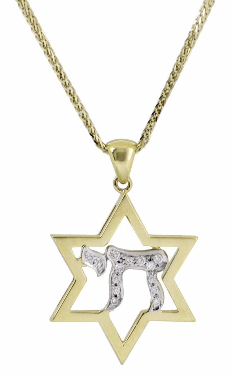 Small Brushed Star of David with Chai Necklace From 14K Gold