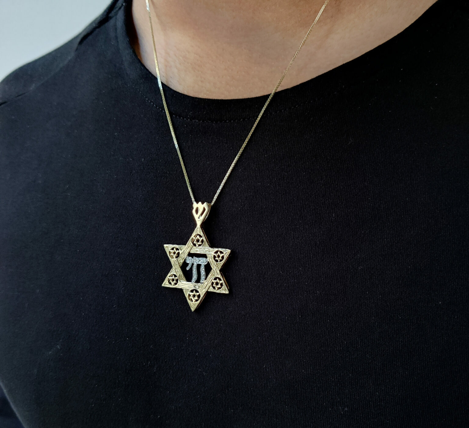 Extra Large 14K Gold Star of David with Chai Pendant