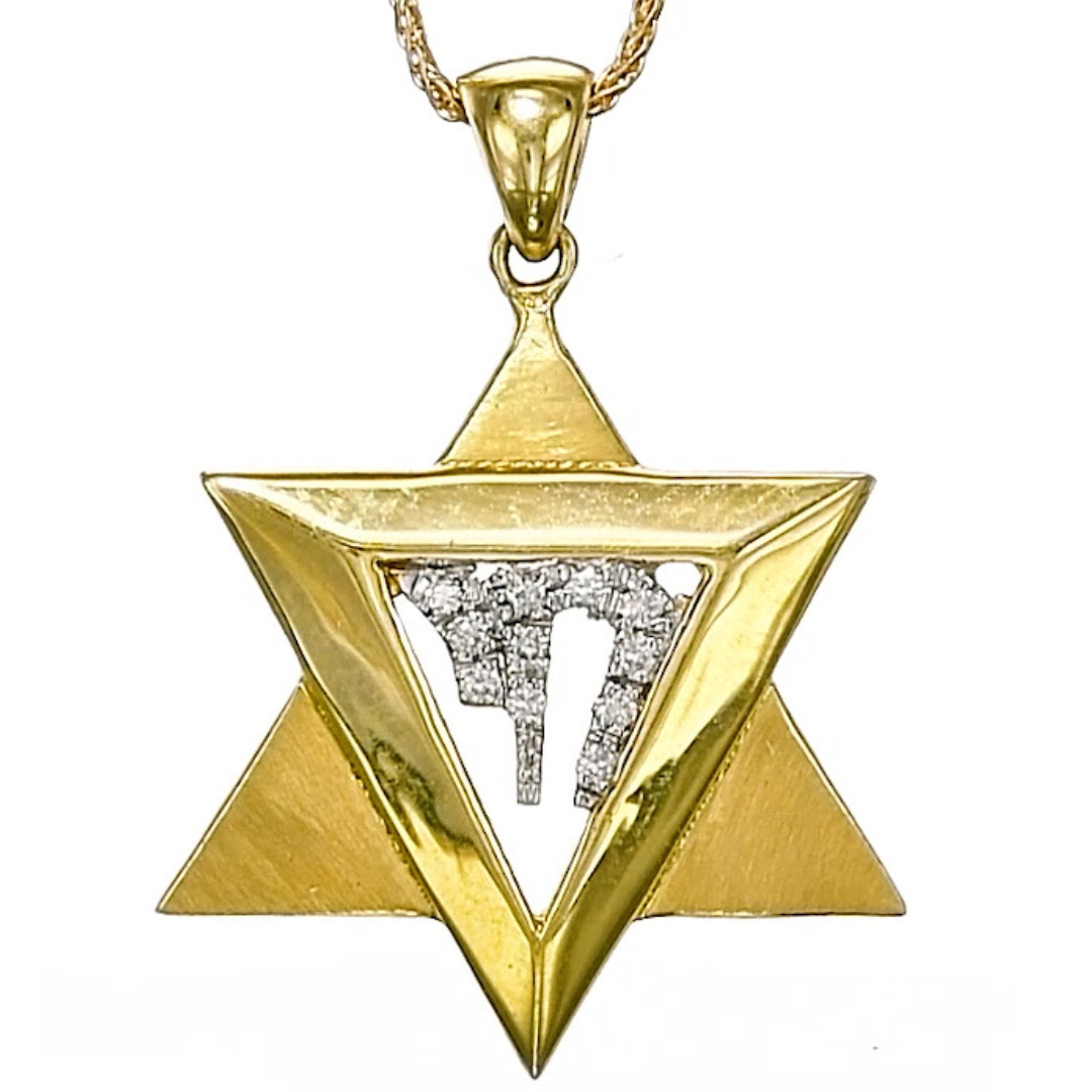 Diamonds Chai and Magen David Gold Contemporary Pendant