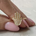 14k Yellow Gold Hamsa Ring with White Diamonds